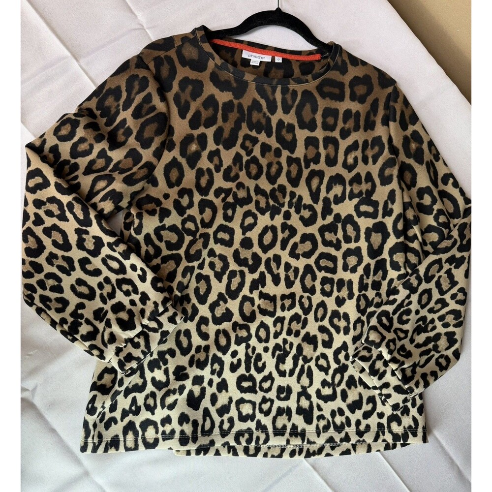 Chico's Womens L Brown Leopard Animal Print Crew Neck Long Sleeve Top